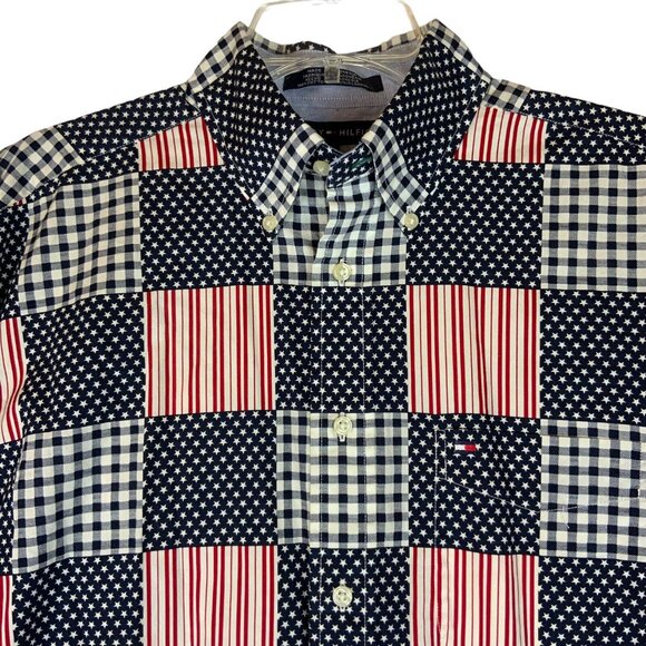 Tommy Hilfiger Mens Medium Button Down Shirt Mock Patchwork Patriotic 2001 - Picture 1 of 8